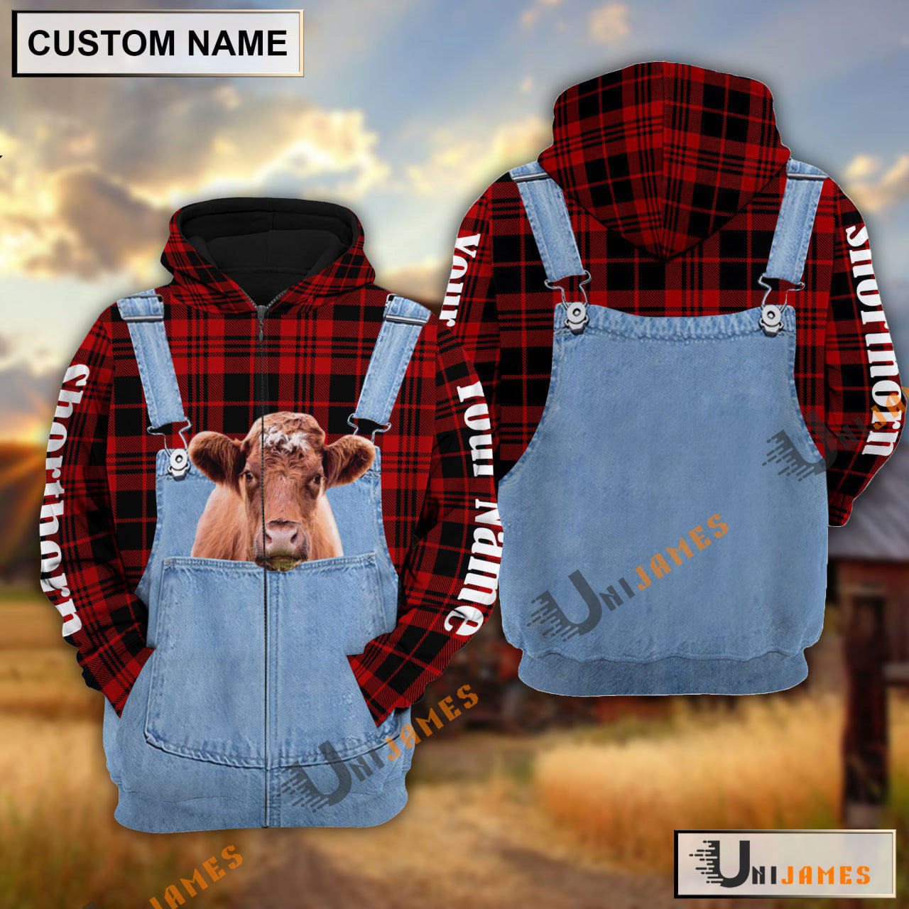 Shorthorn Red Jeans Pattern Personalized Name 3D Hoodie