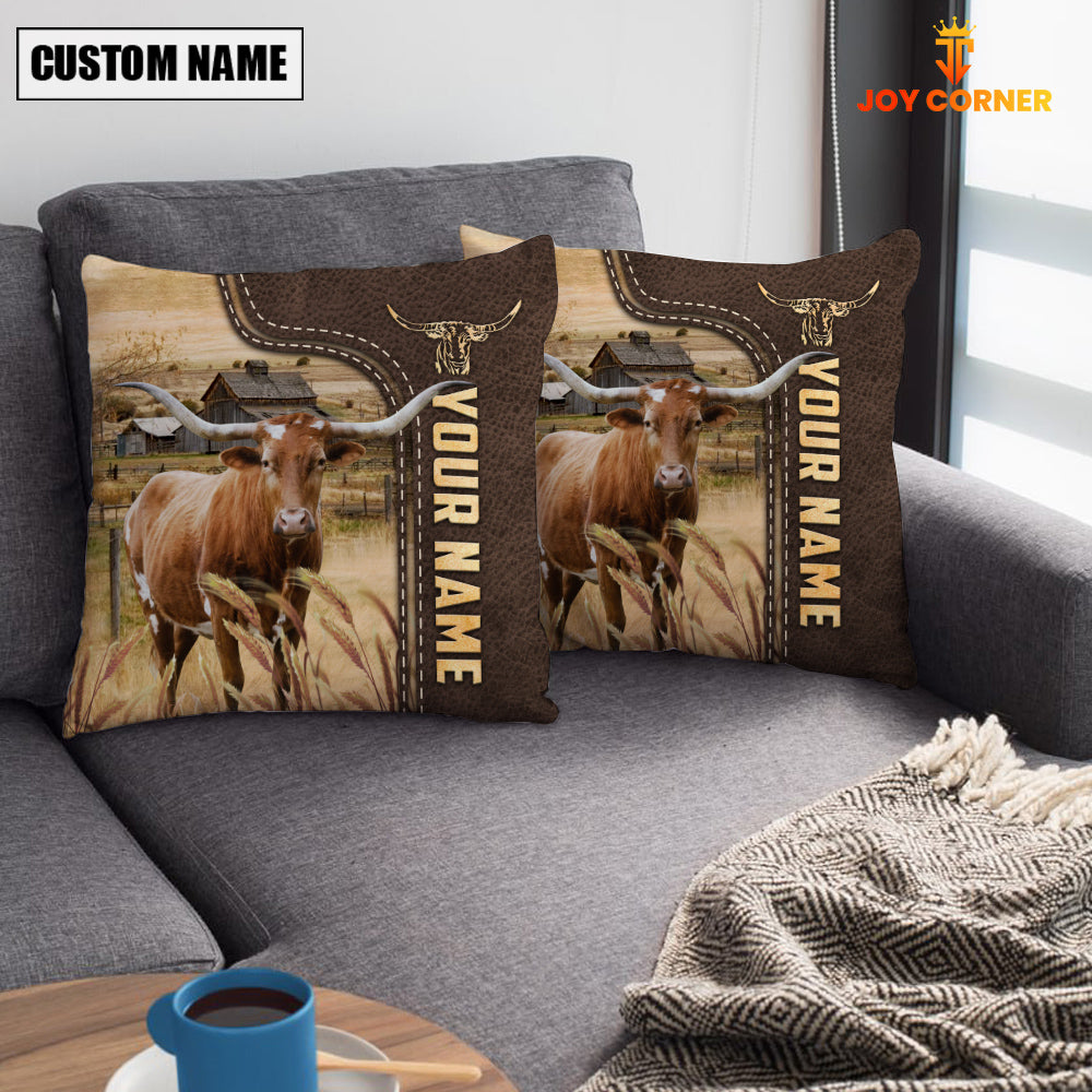 Texas Longhorn Custom Name Leather Pattern Pillow Case