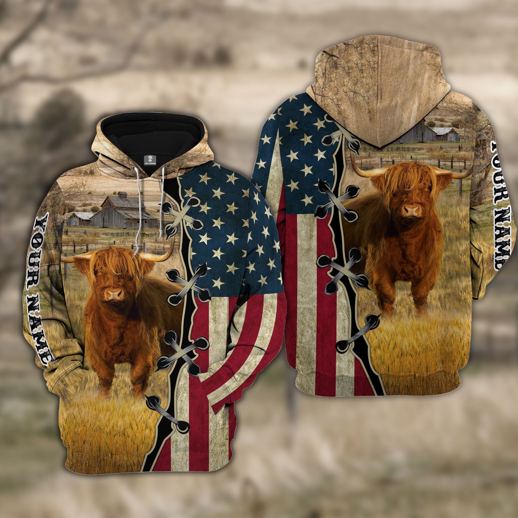 Custom Name Highland Cattle American Flag 3D Shirt