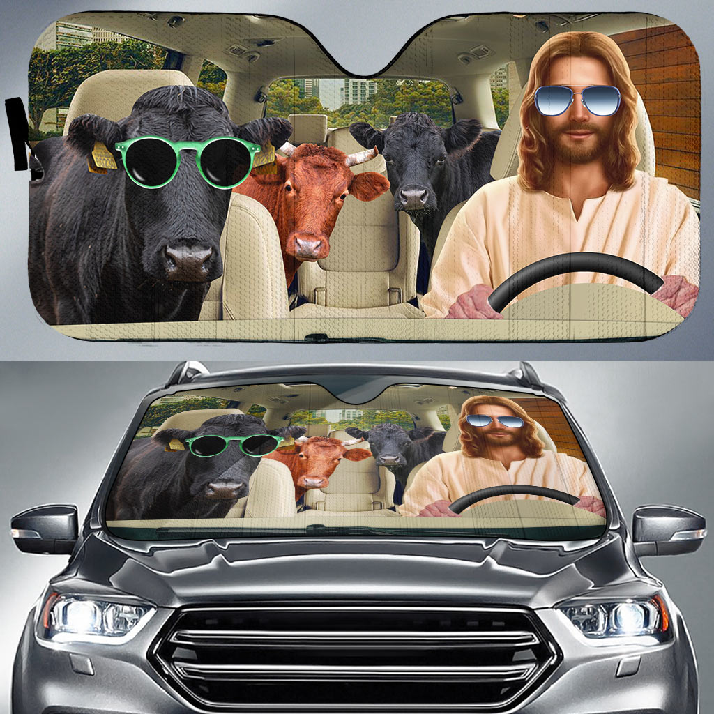 Jesus Driving Dexter Cattle All Over Printed 3D Sun Shade