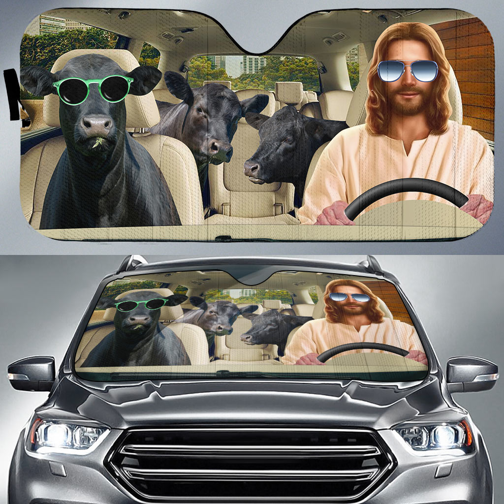 Jesus Driving Black Angus Cattle All Over Printed 3D Sun Shade