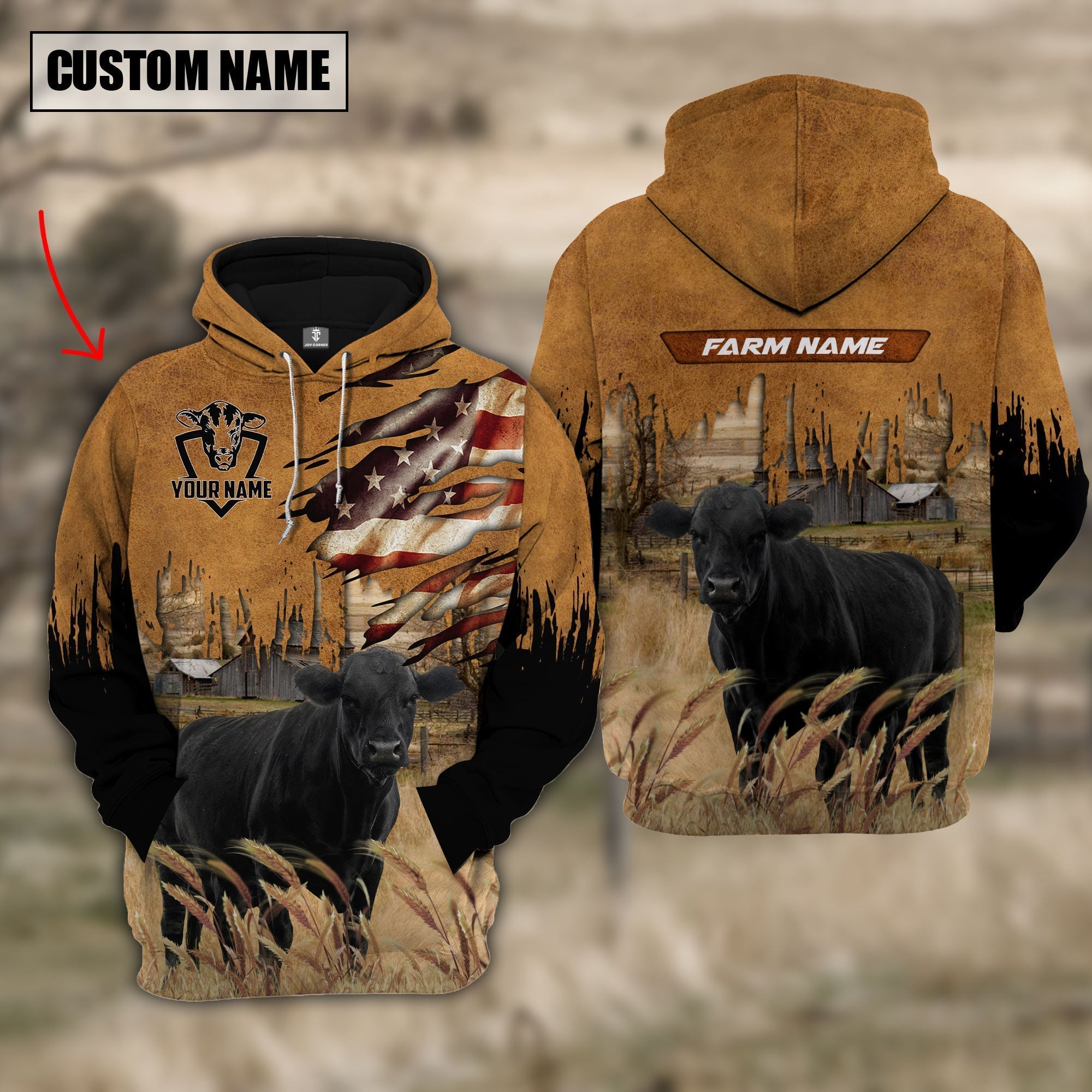 Black Angus Custom Name US FLAG Pattern Hoodie