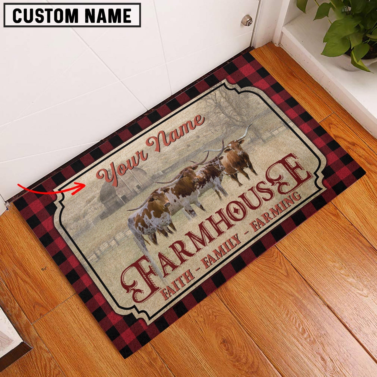 Texas Longhorn Faith Family Farming Custom Name Doormat