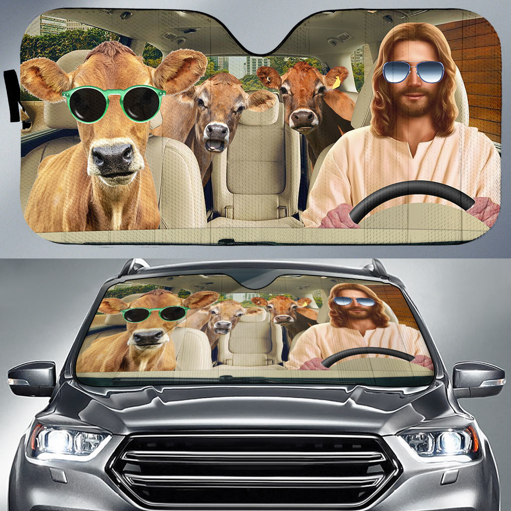 Jesus Driving Jersey Cattle All Over Printed 3D Sun Shade