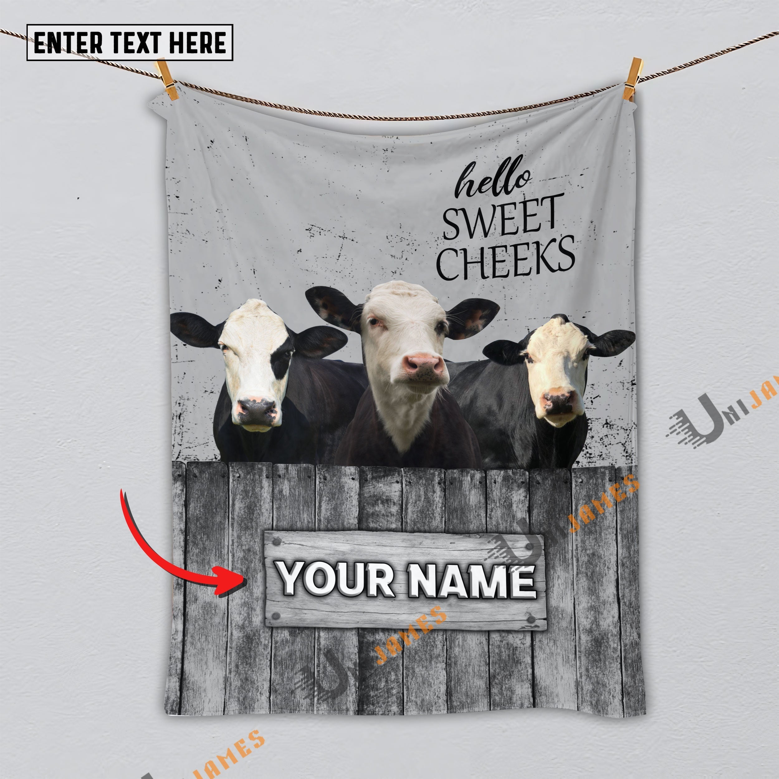 Personalized Name Black Baldy Hello Sweet Cheeks Pattern Blanket