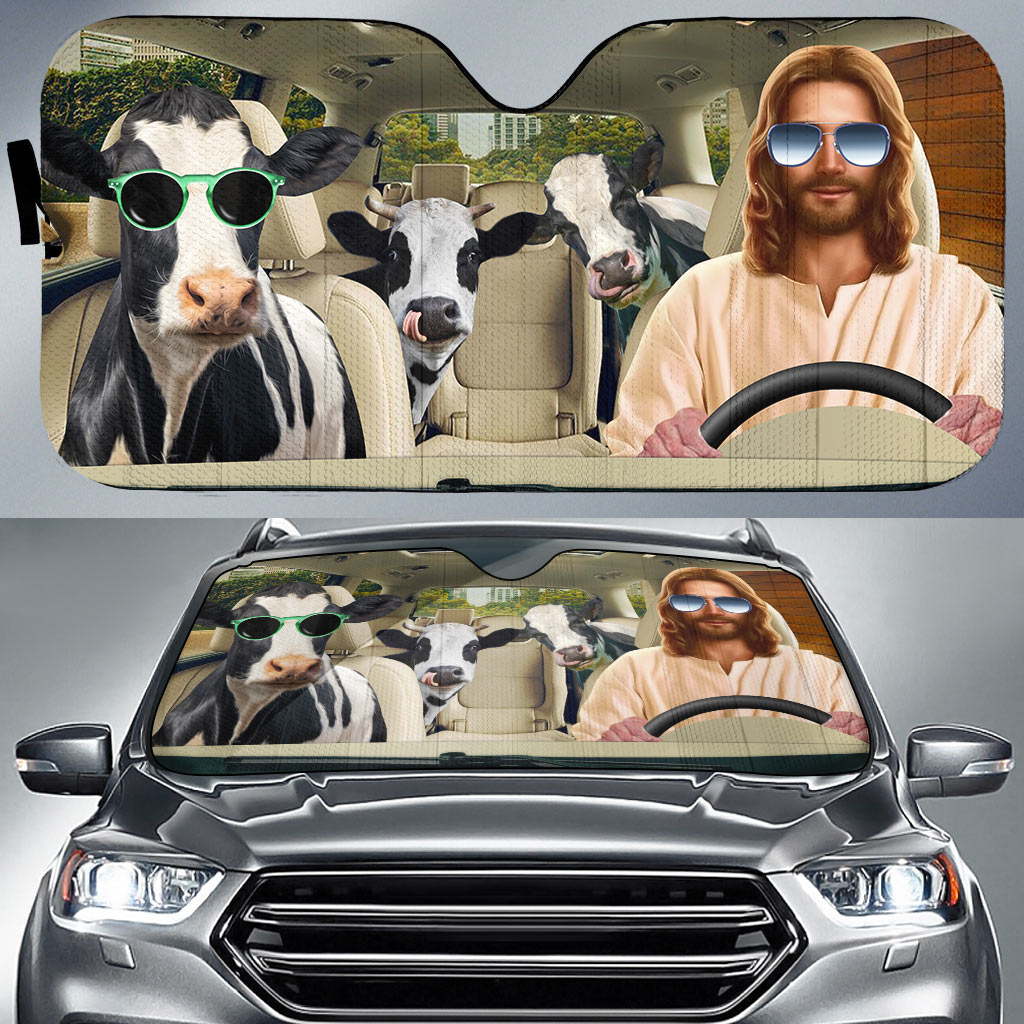 Jesus Driving Holstein Cattle All Over Printed 3D Sun Shade