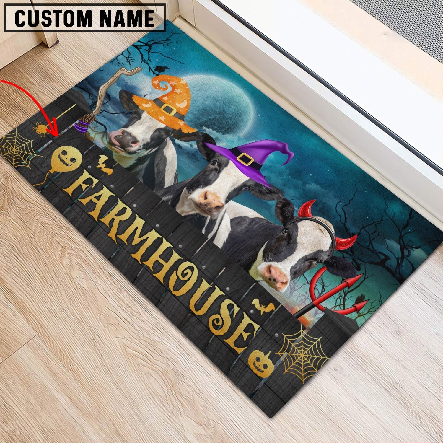 Holstein Farmhouse Halloween Custom Name Doormat
