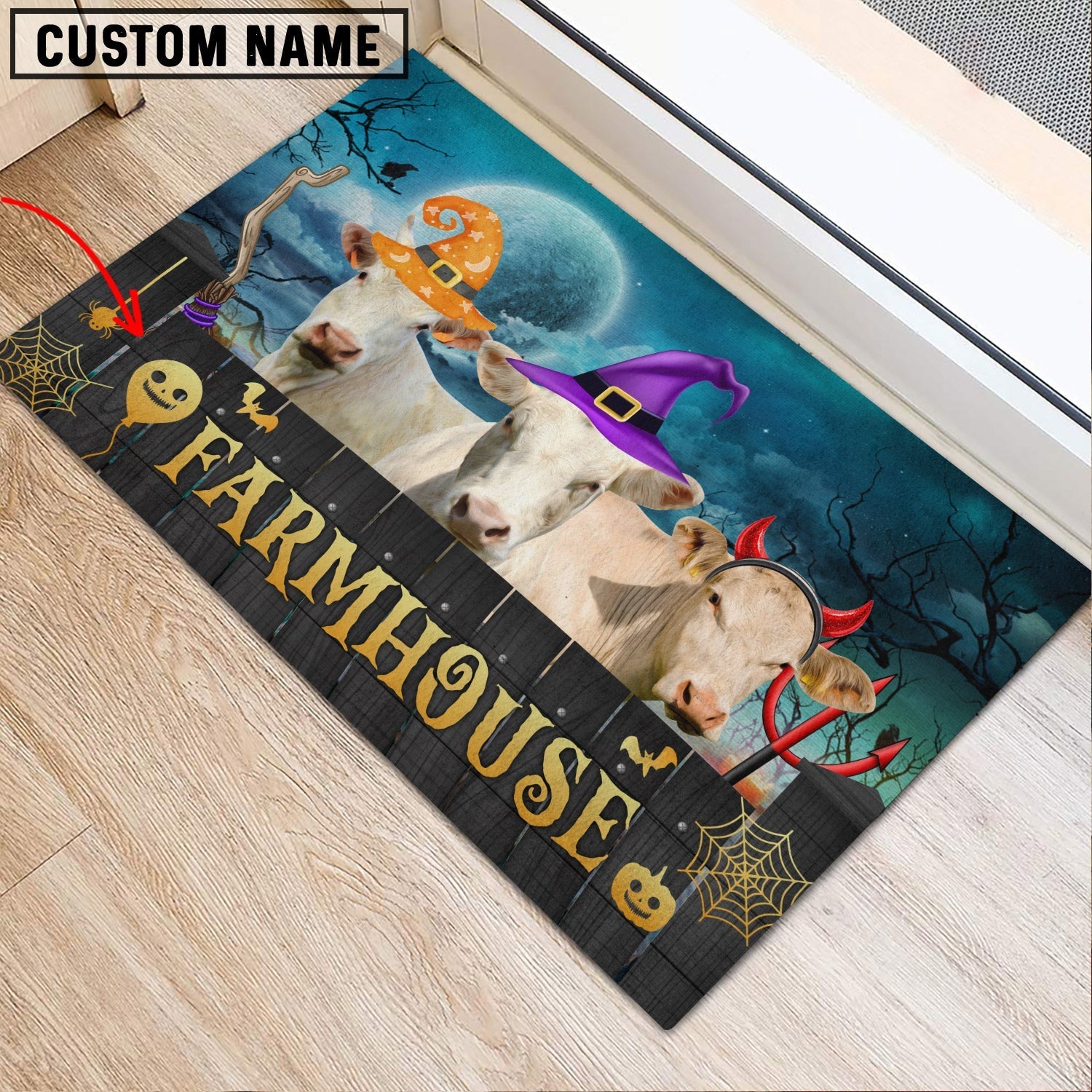 Charolais Farmhouse Halloween Custom Name Doormat