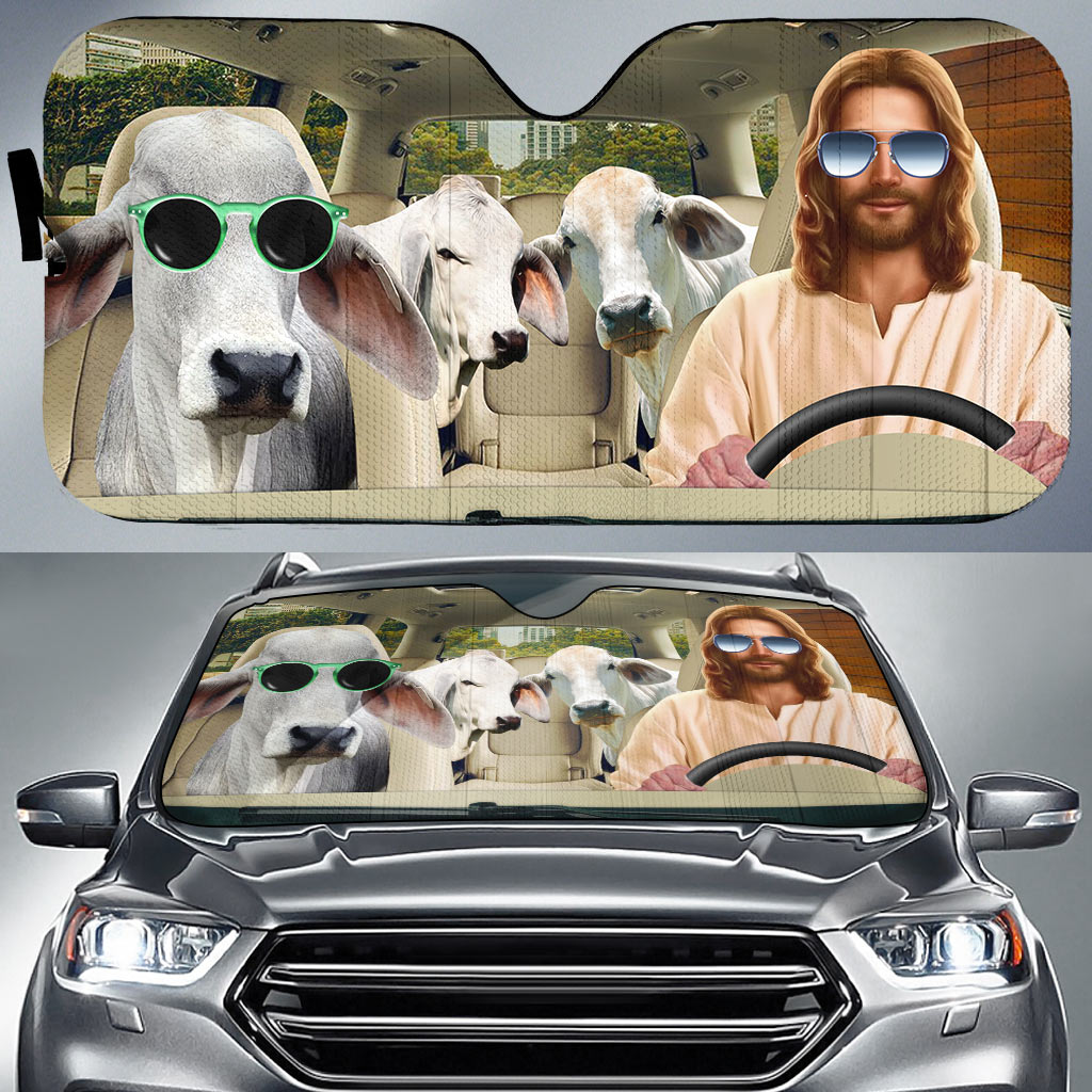Jesus Driving Brahman Cattle All Over Printed 3D Sun Shade