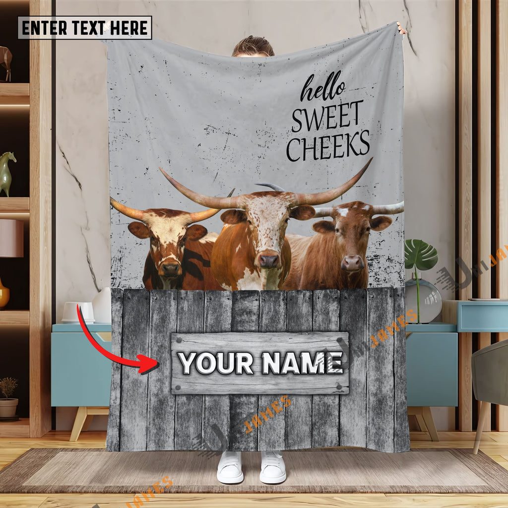 Personalized Name Texas Longhorn Hello Sweet Cheeks Pattern Blanket