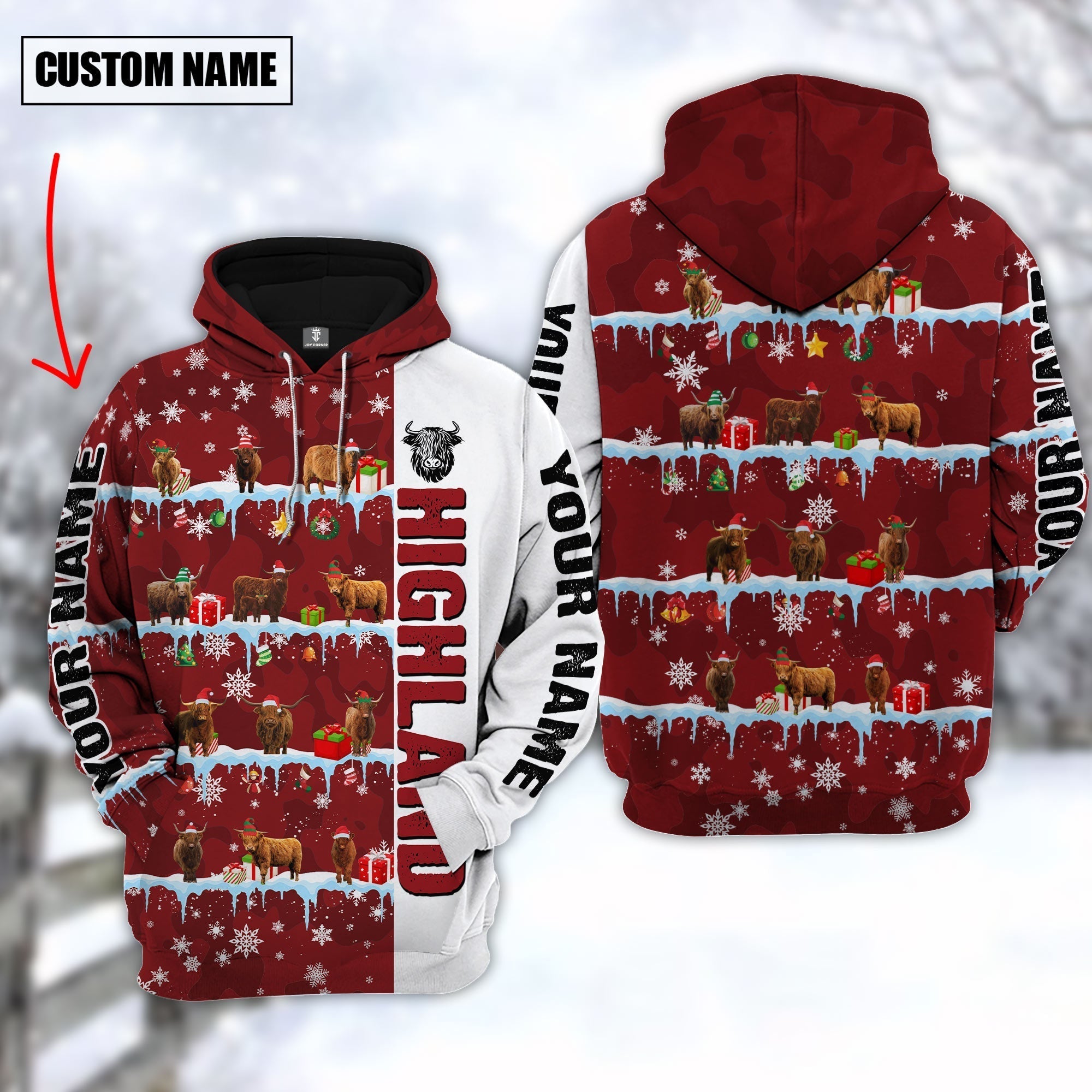 Personalized Name Highland Cattle Christmas 3D Hoodie