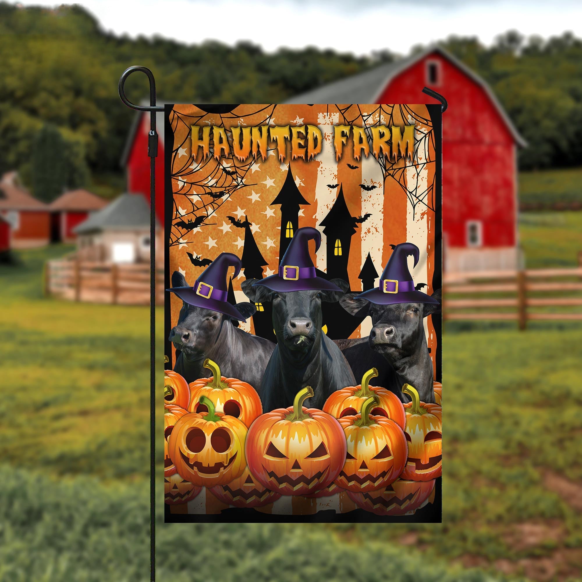 Black Angus Cattle Haunted Farm Halloween Flag