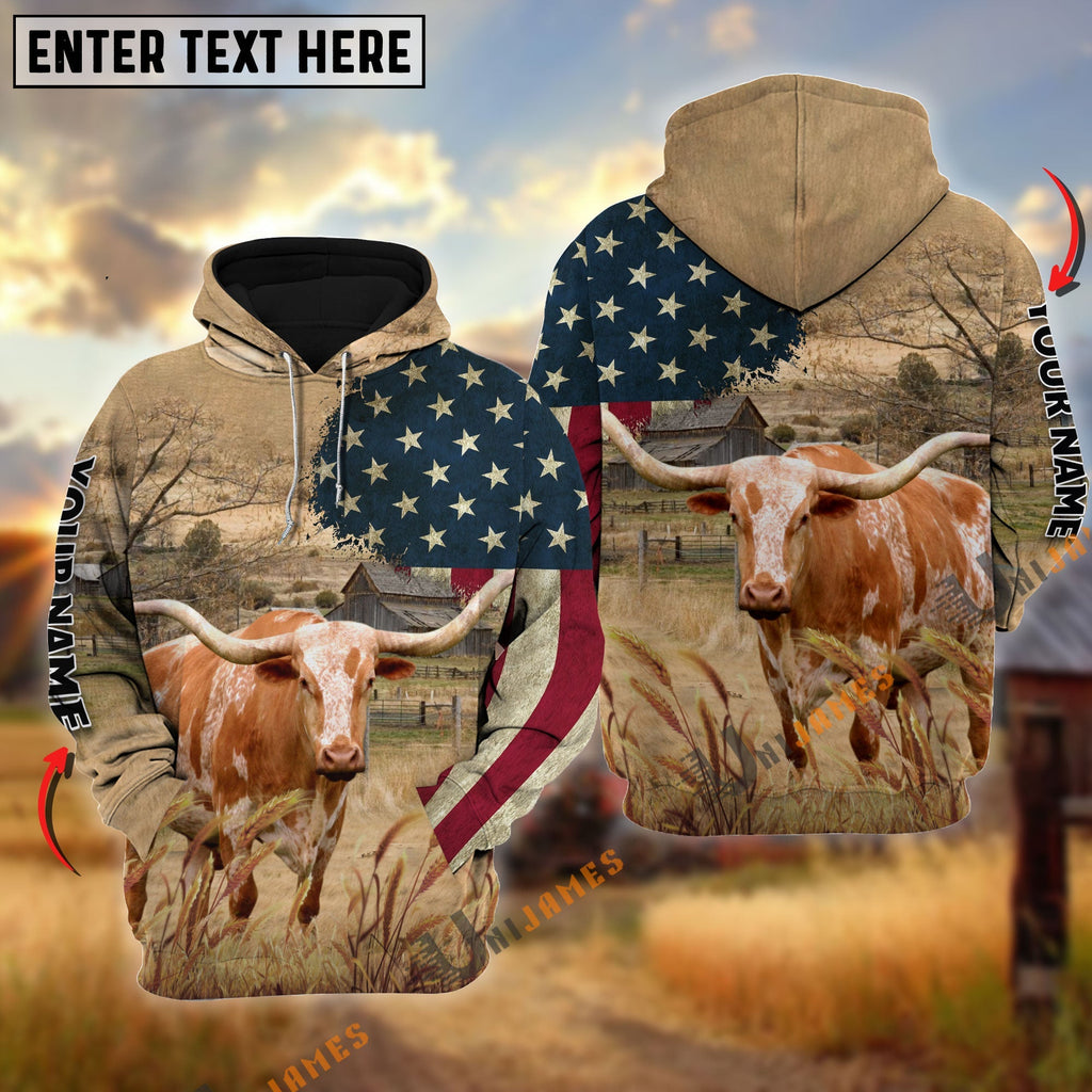 Texas Longhorn US Flag Customized Name 3D Hoodie