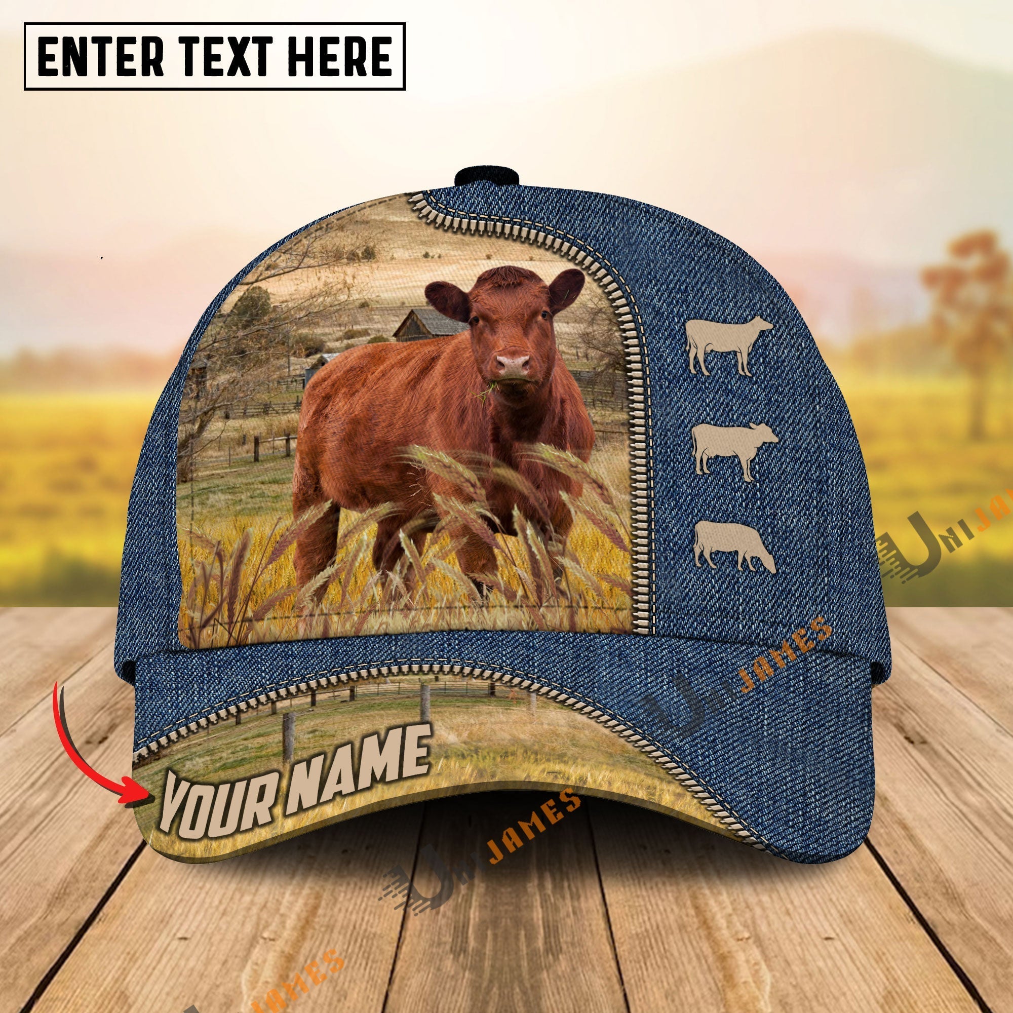 Red Angus Farm Jeans Pattern Customized Name Cap