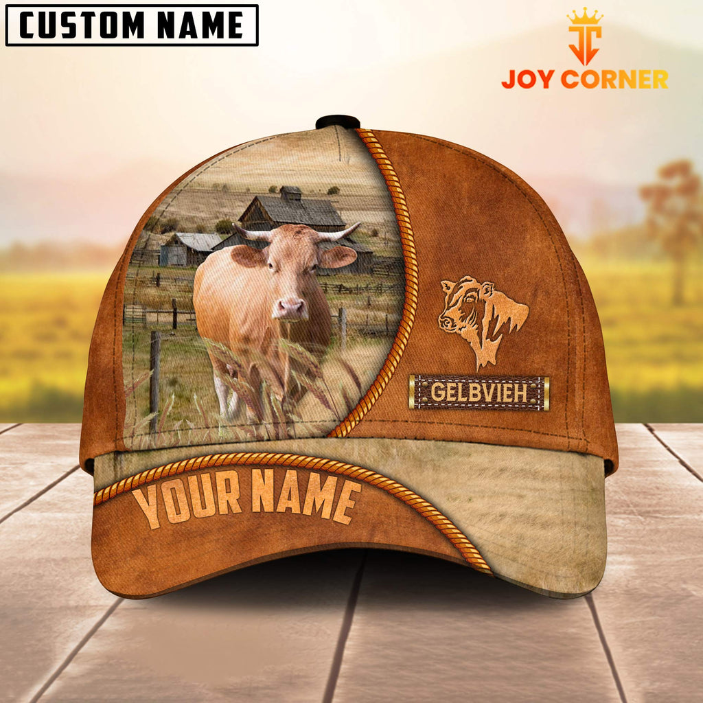 Custom Name Gelbvieh Leather Pattern Cap