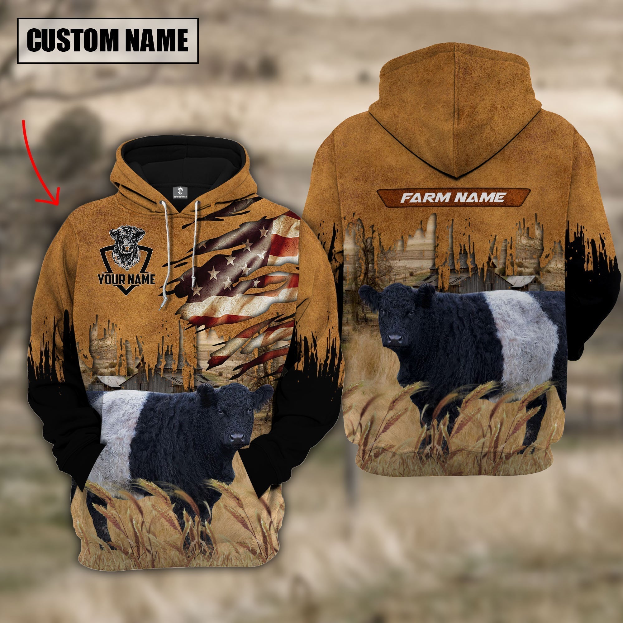 Belted Galloway Custom Name US FLAG Pattern Hoodie