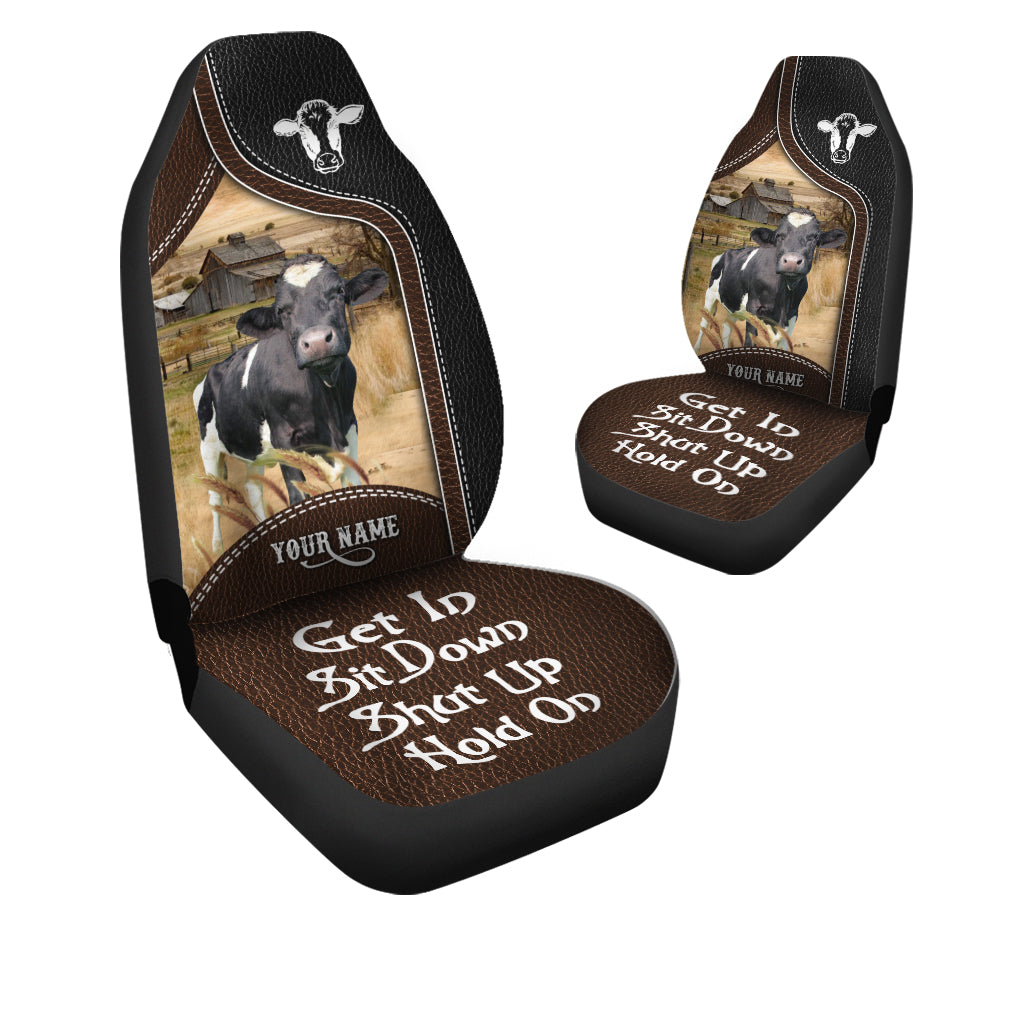 Holstein Personalized Name Black And Brown Leather Pattern Car Seat Covers Universal Fit (2Pcs)