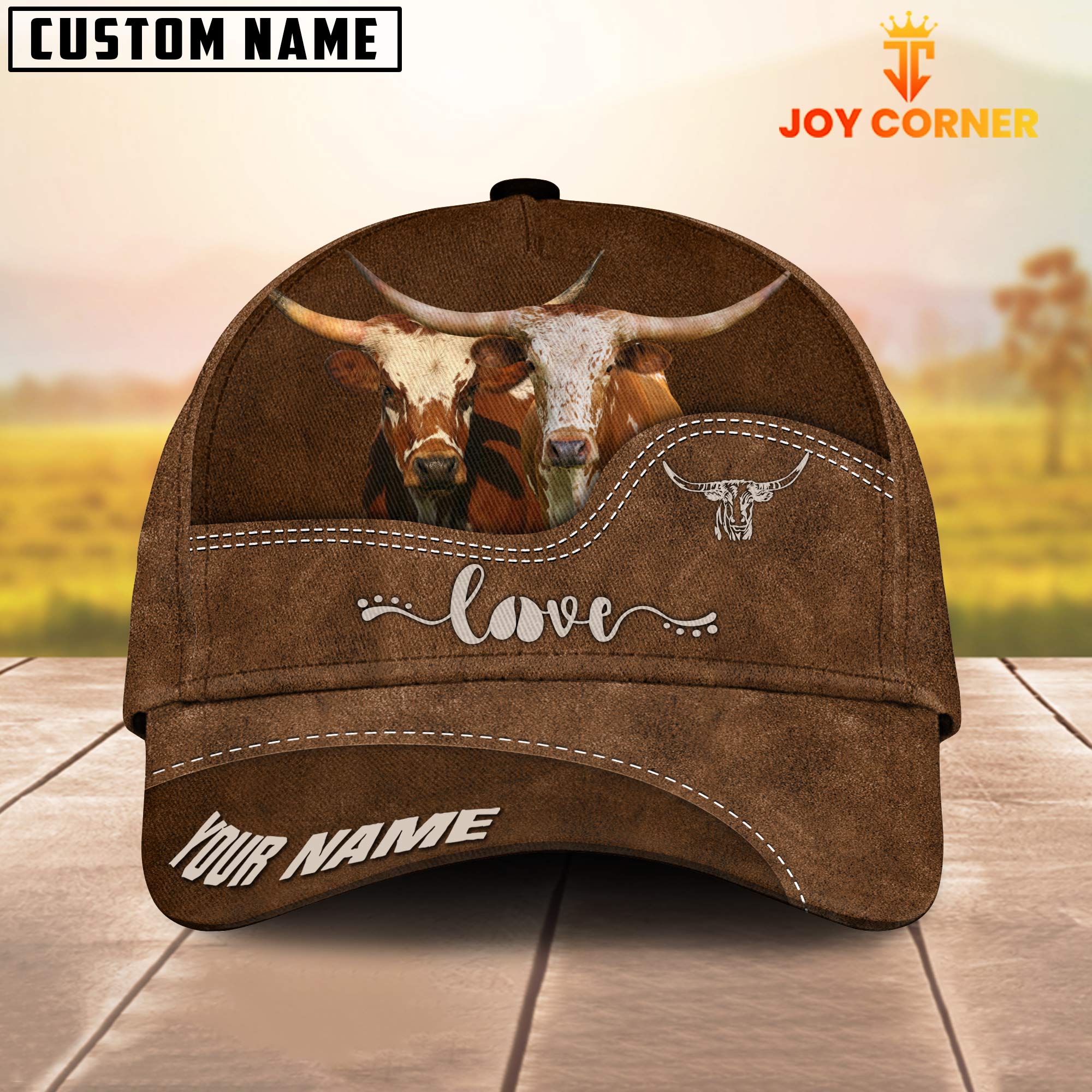 Texas Longhorn Love Leather Pattern Customized Name Cap