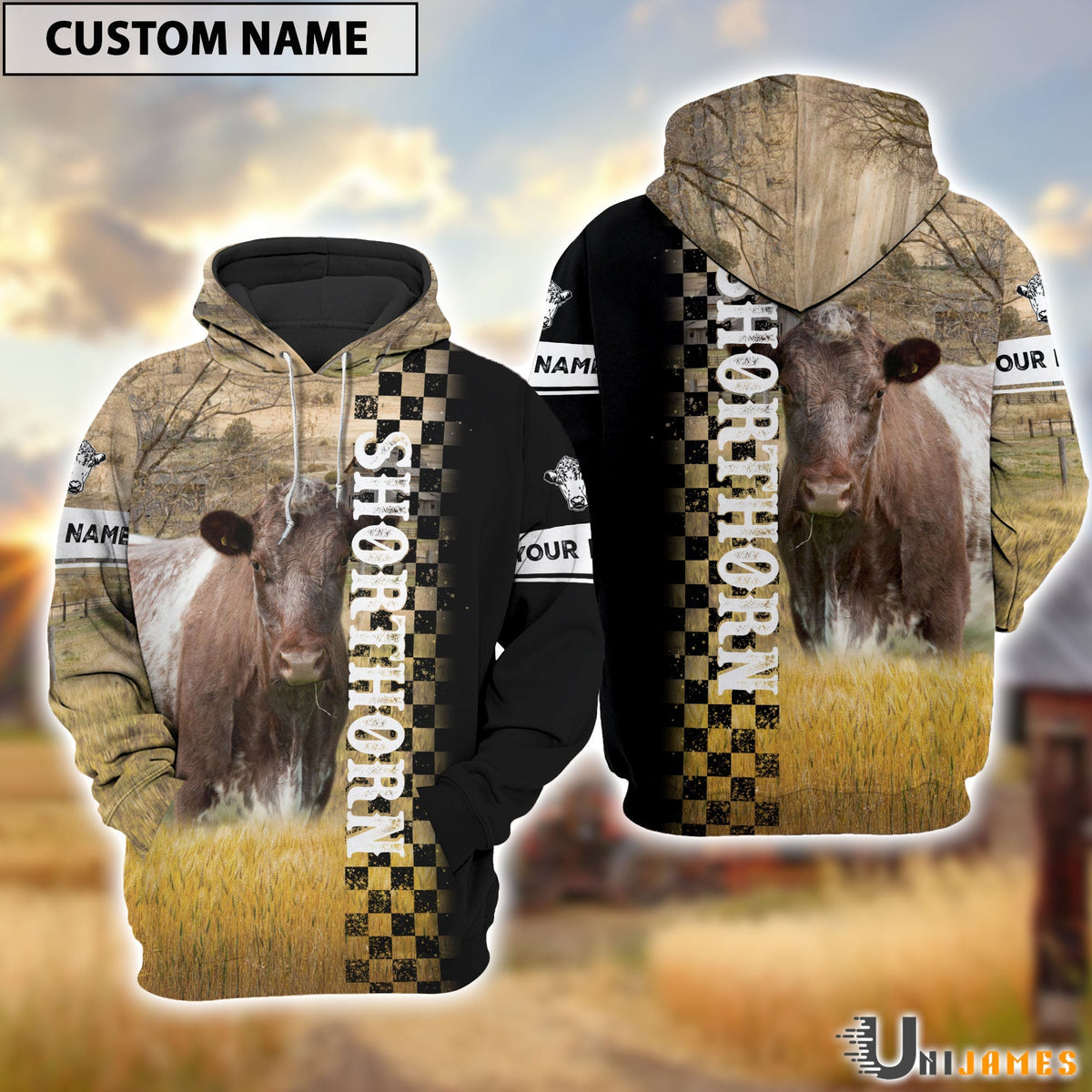 Personalized Name Shorthorn Day & Night On The Farm 3D Hoodie