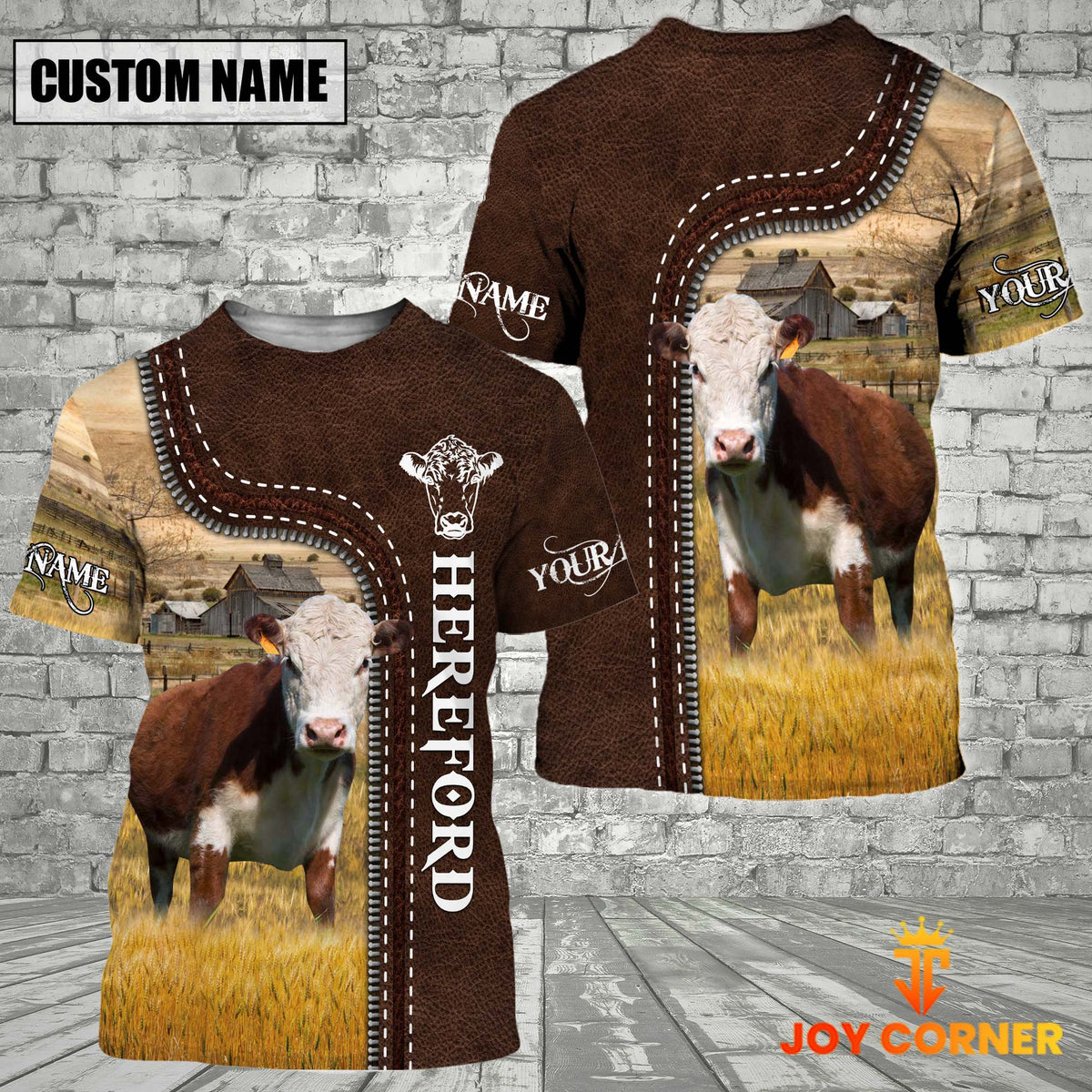 Hereford Farm Custom Name Leather Pattern T-Shirt