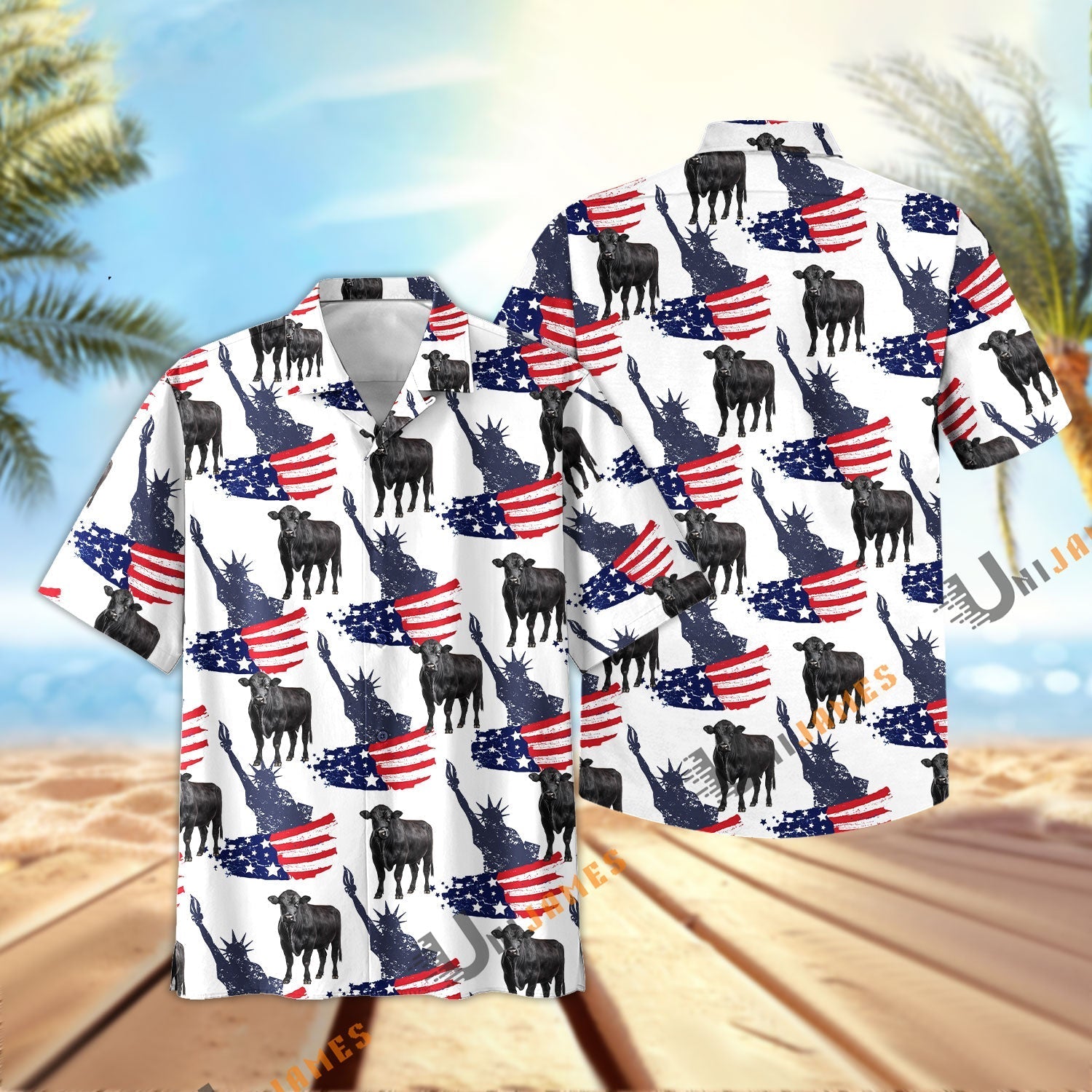 Black Angus US Flag and Liberty Pattern Hawaiian Shirt