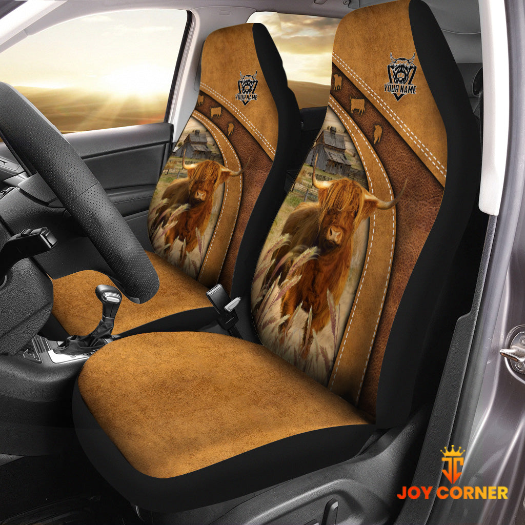 Highland Cattle Pattern Customized Name 3D Car Seat Cover Set (2PCS)