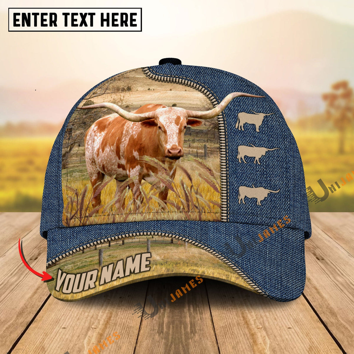 Texas Longhorn Farm Jeans Pattern Customized Name Cap