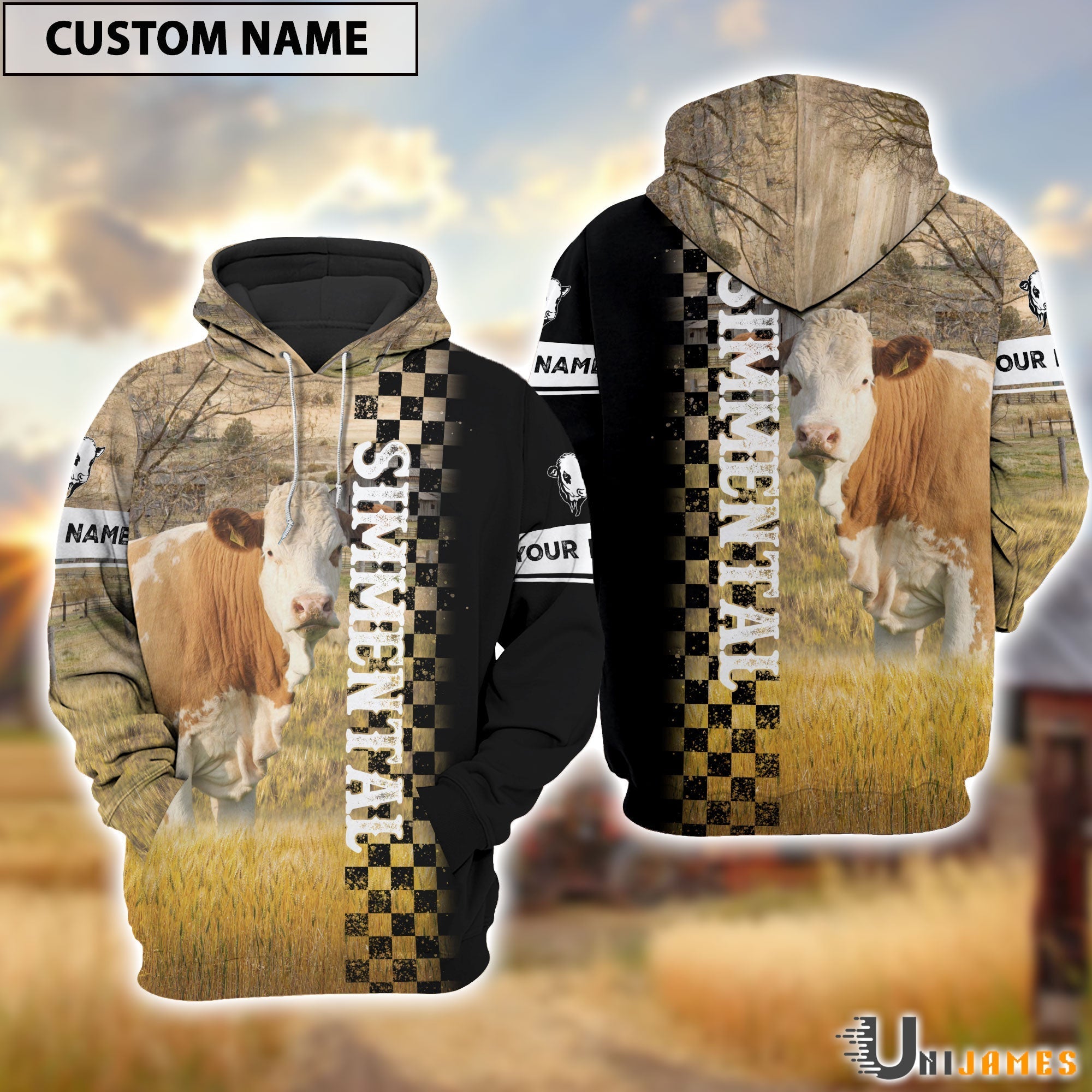 Personalized Name Simmental Day & Night On The Farm 3D Hoodie