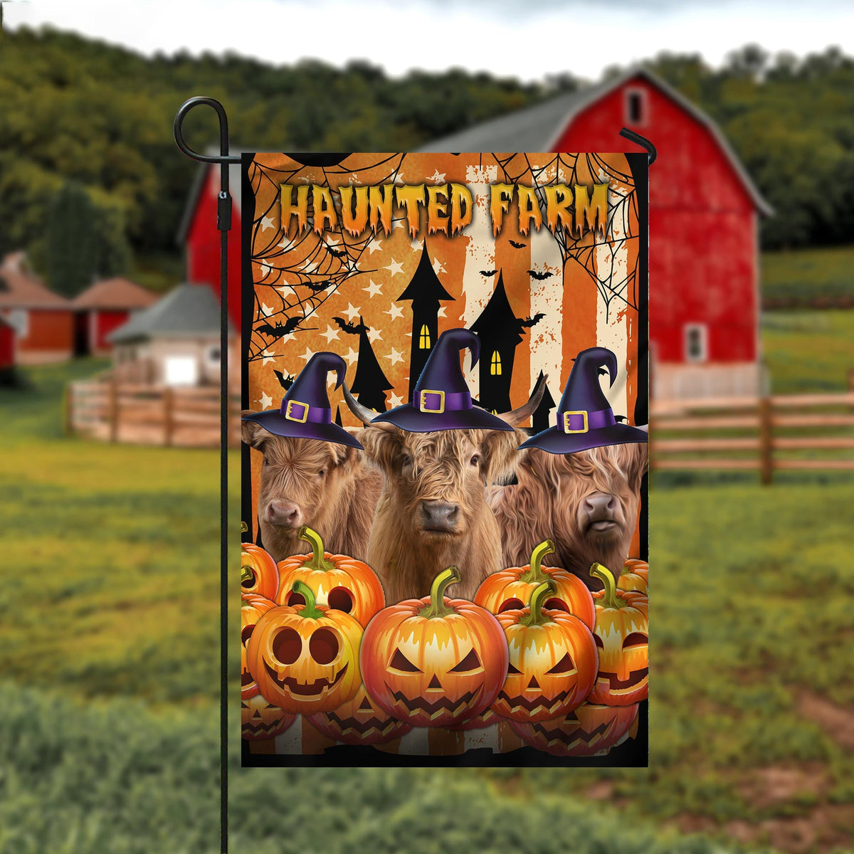 Highland Cattle Haunted Farm Halloween Flag