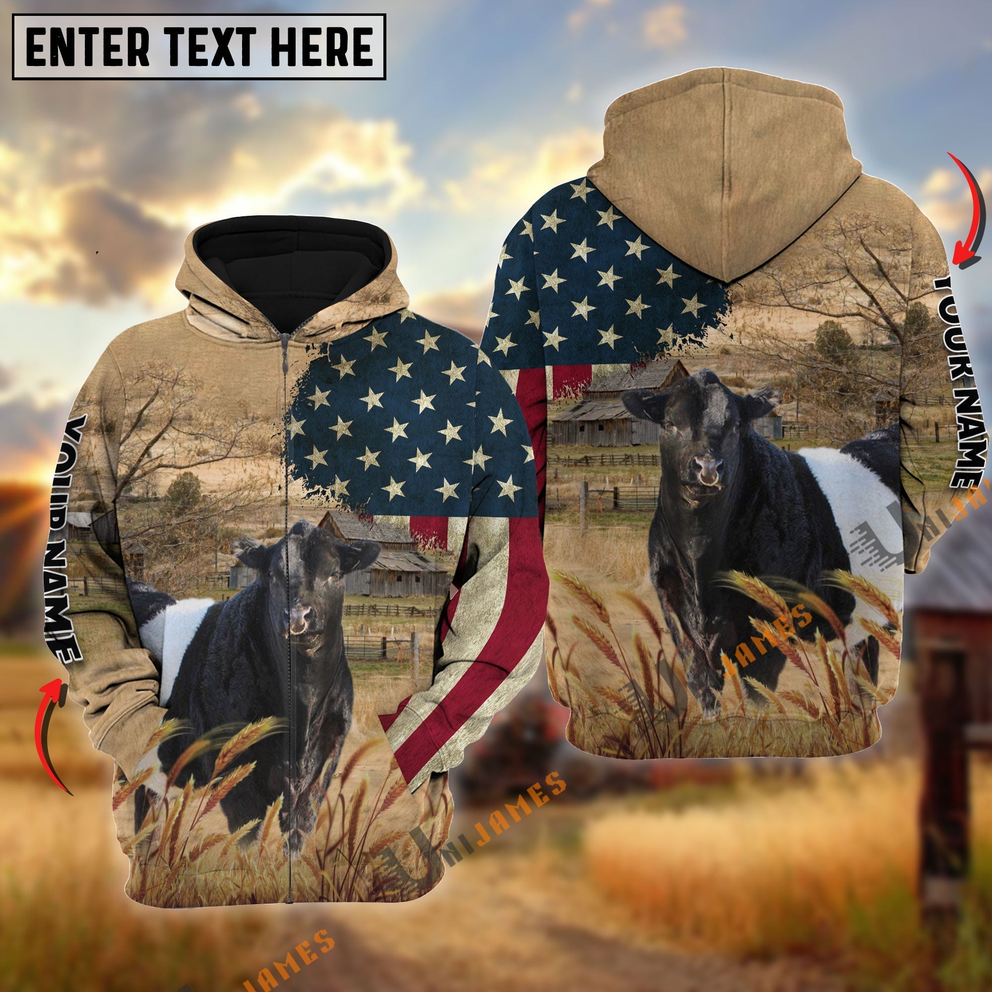 Belted Galloway US Flag Customized Name 3D Hoodie