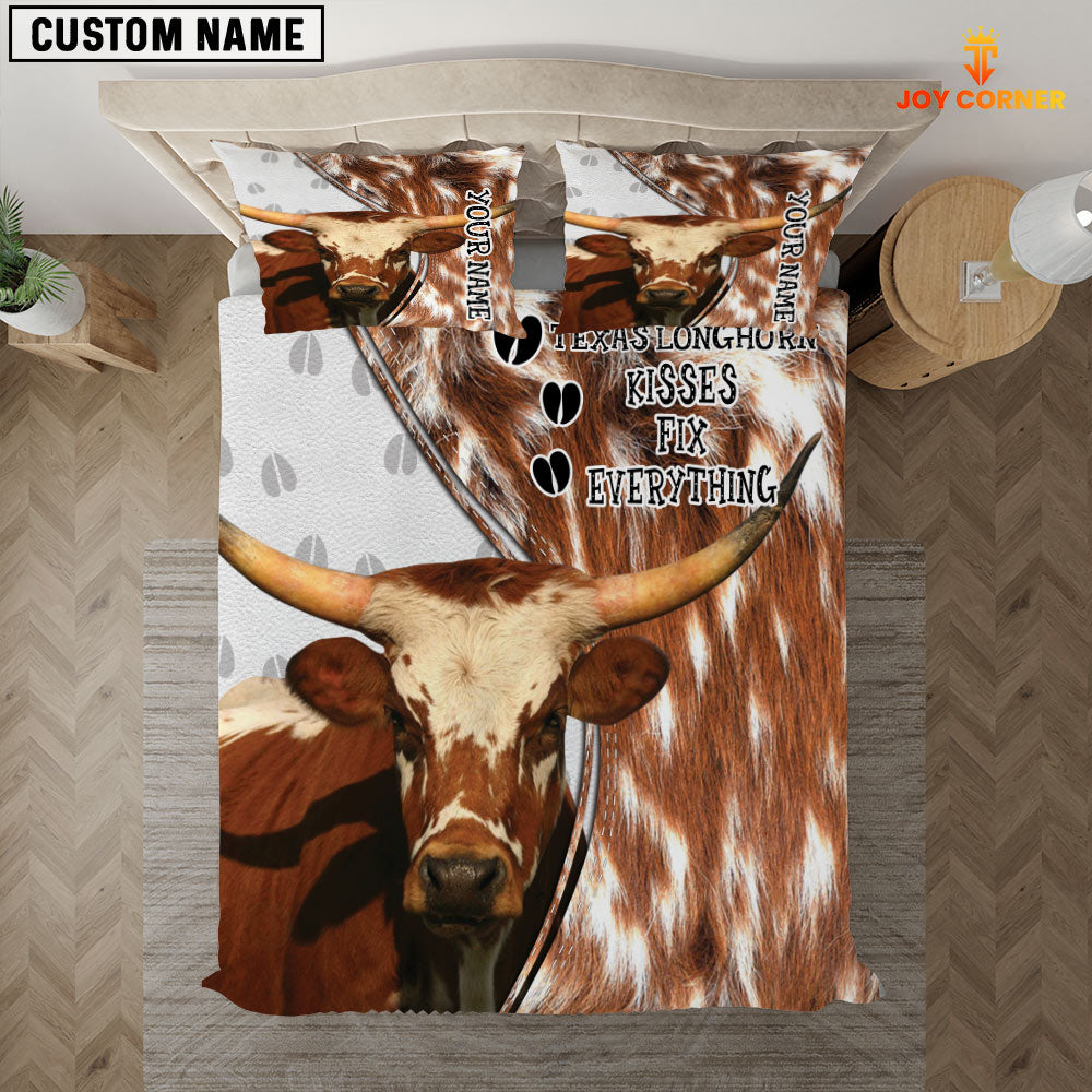 Texas Longhorn Kisses Fix Everything Custom Name Bedding Set