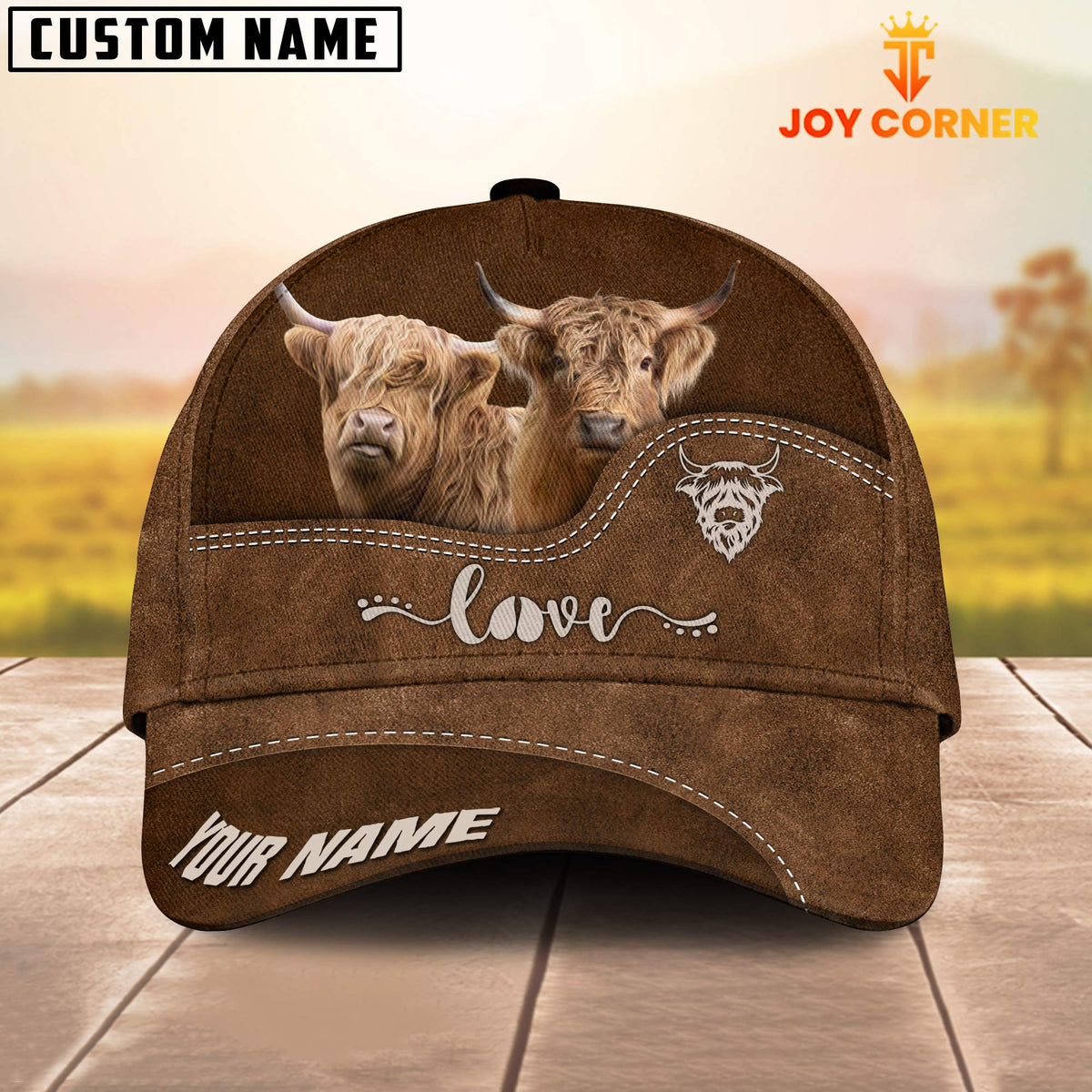 Highland Cattle Love Leather Pattern Customized Name Cap