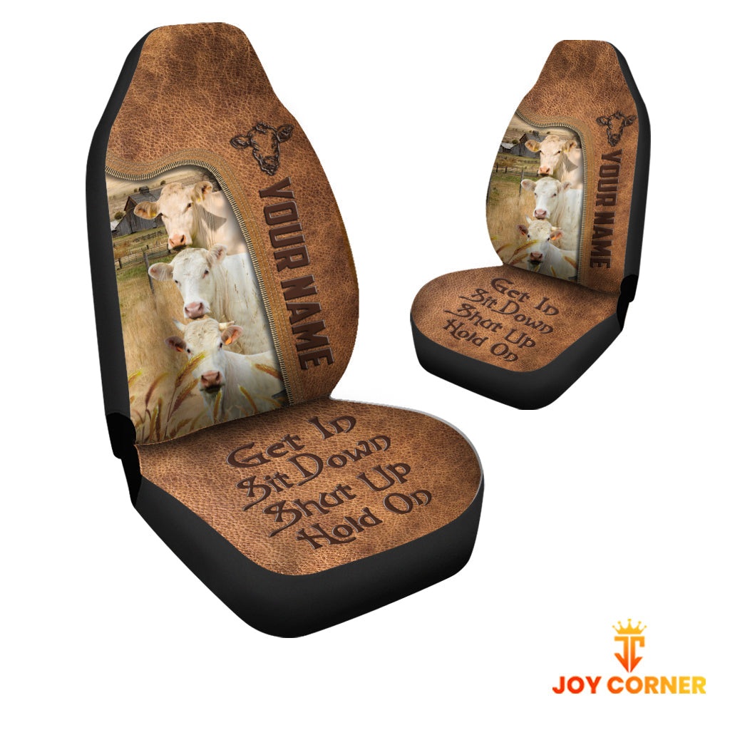 Charolais Happiness Personalized Name Leather Pattern Car Seat Covers Universal Fit (2Pcs)
