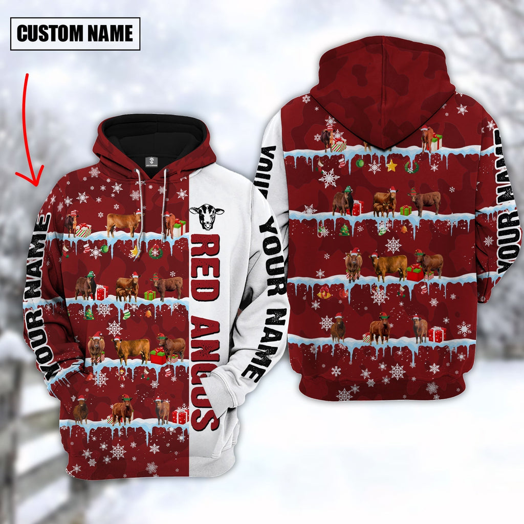 Personalized Name Red Angus Cattle Christmas 3D Hoodie