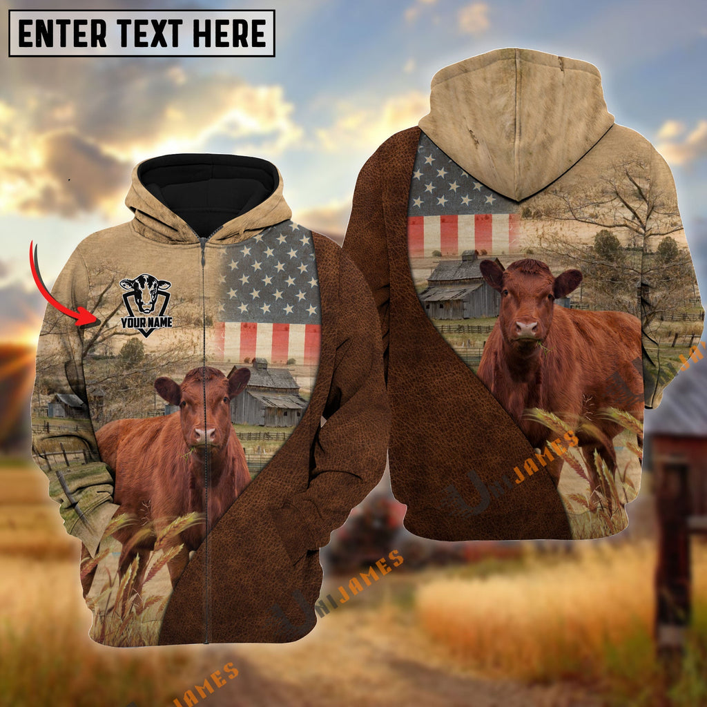 Personalized Name Red Angus Cattle USA Flag Hoodie