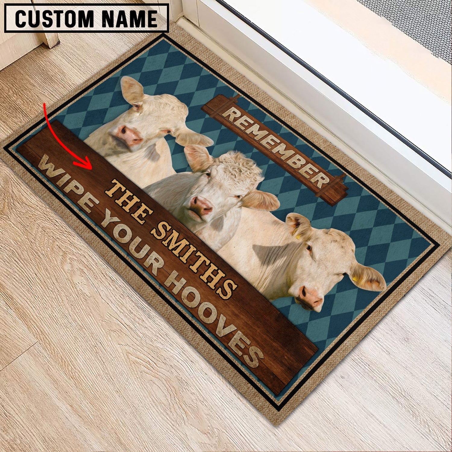 Charolais No Horn Wipe Your Hooves Custom Name Doormat