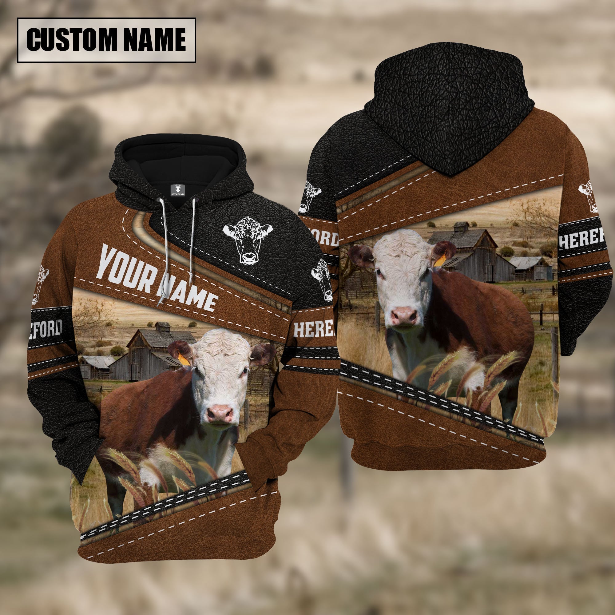 Hereford Cattle Leather Pattern Farm Personalized 3D Hoodie
