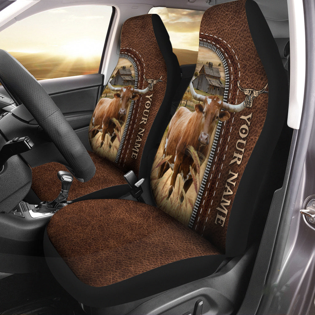 Texas Longhorn Personalized Name Leather Pattern Car Seat Covers Universal Fit (2Pcs)