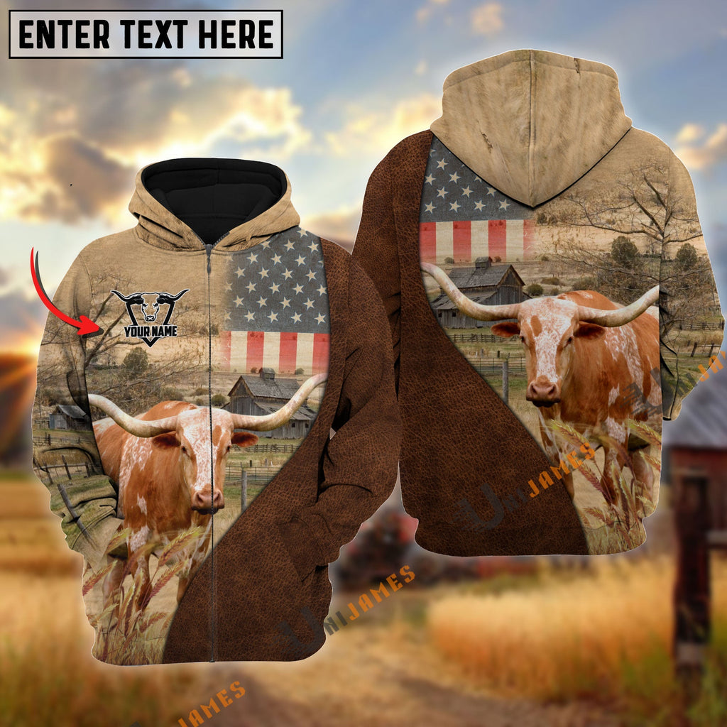 Personalized Name Texas Longhorn Cattle USA Flag Hoodie