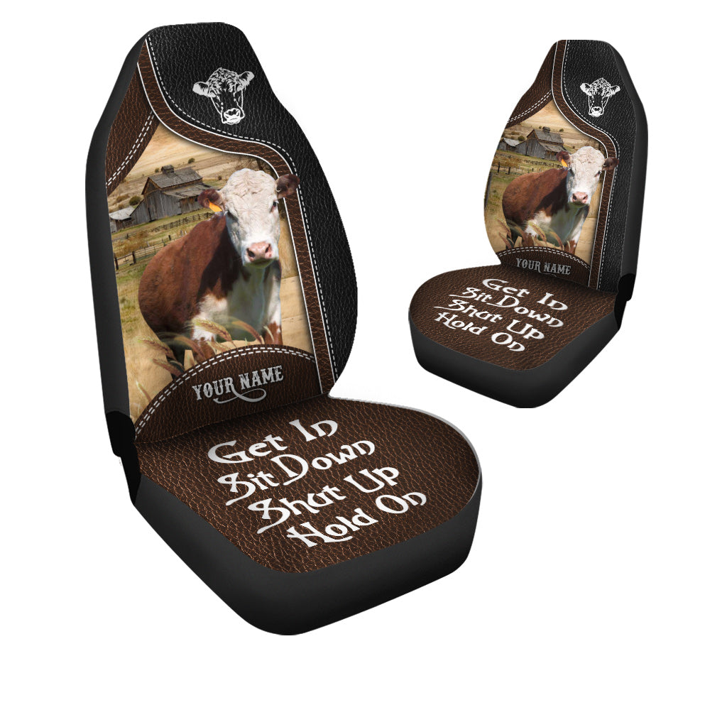 Hereford Personalized Name Black And Brown Leather Pattern Car Seat Covers Universal Fit (2Pcs)
