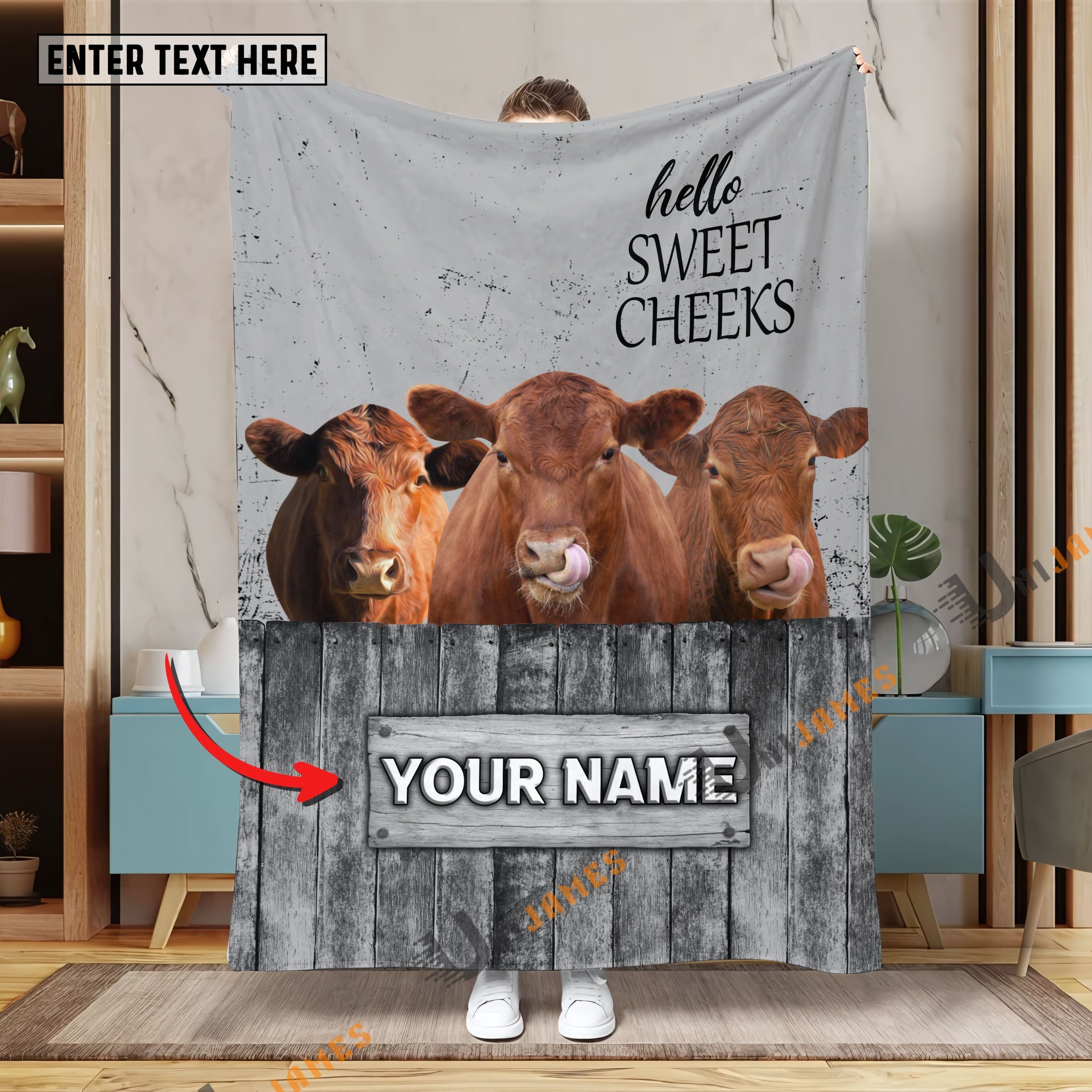 Personalized Name Red Angus Hello Sweet Cheeks Pattern Blanket