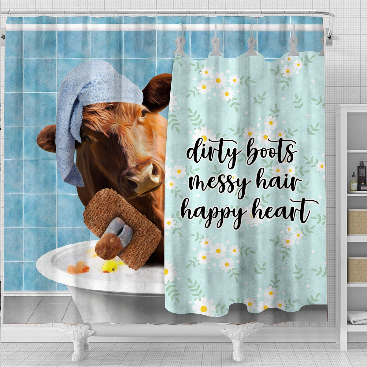 Red Angus Dirty Boots, Messy Hair, Happy Heart  3D Shower Curtain