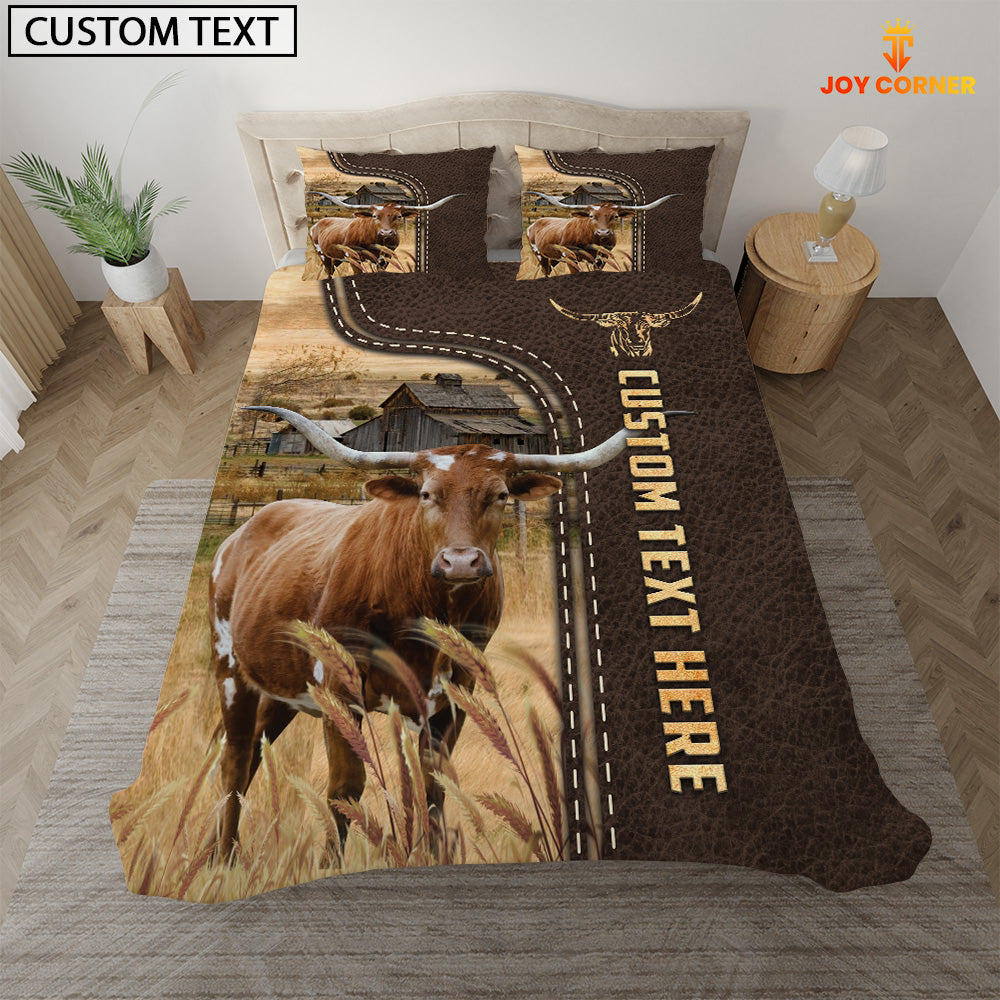 Texas Longhorn Custom Text Leather Pattern Bedding Set