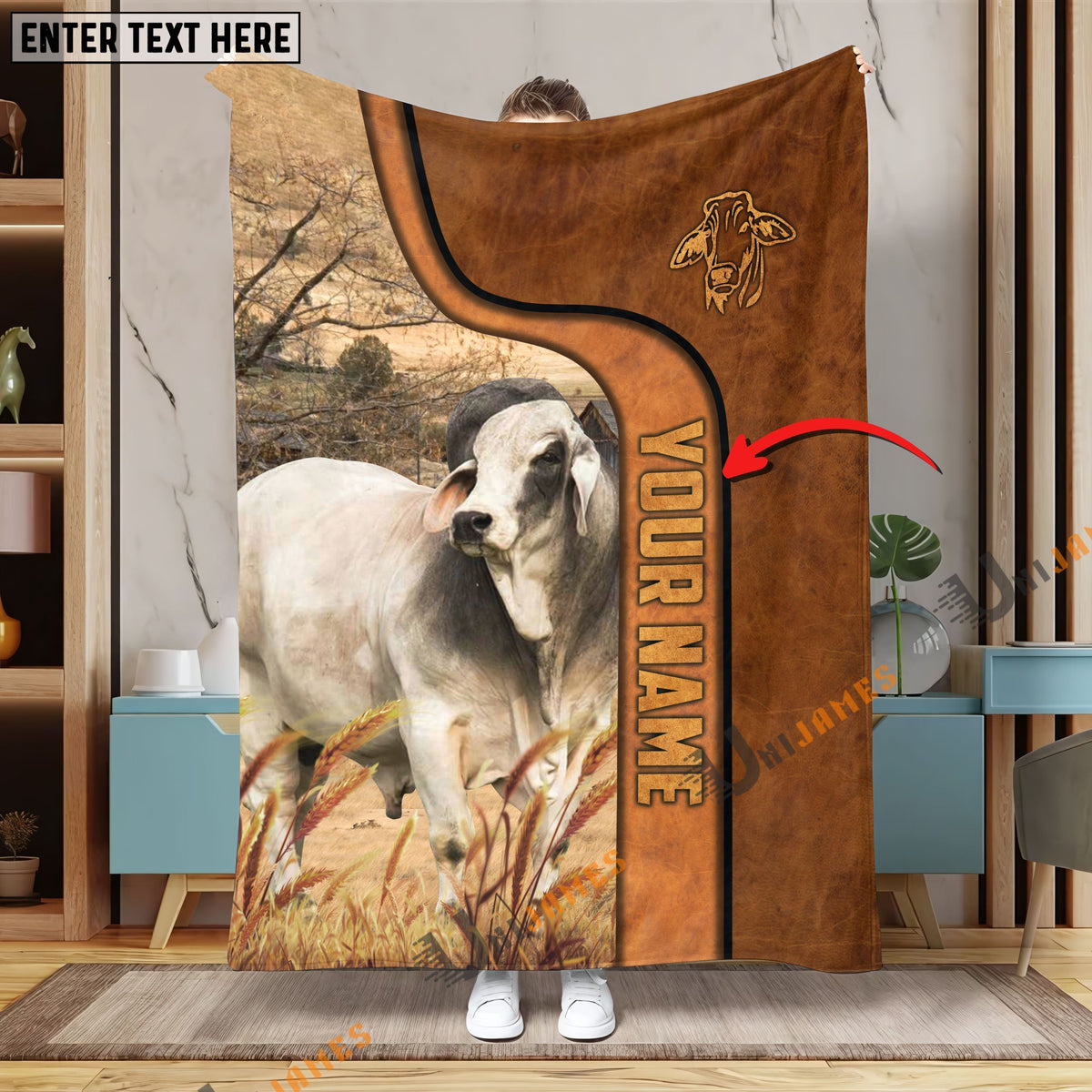 Personalized Name Brahman Premium Brown Pattern Blanket