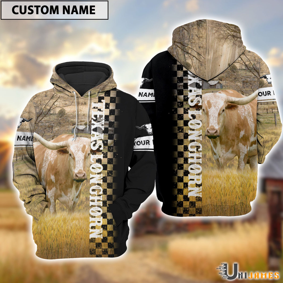Personalized Name Texas Longhorn Day & Night On The Farm 3D Hoodie