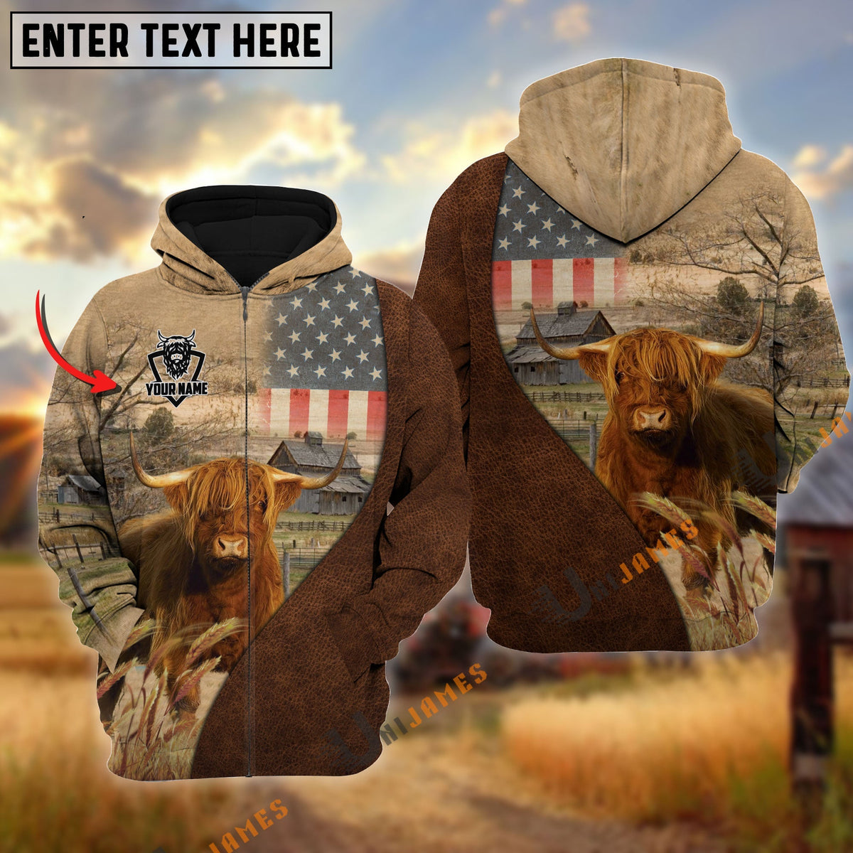 Personalized Name Highland Cattle USA Flag Hoodie