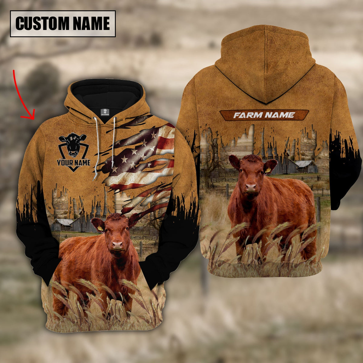 Red Angus Custom Name US FLAG Pattern Hoodie