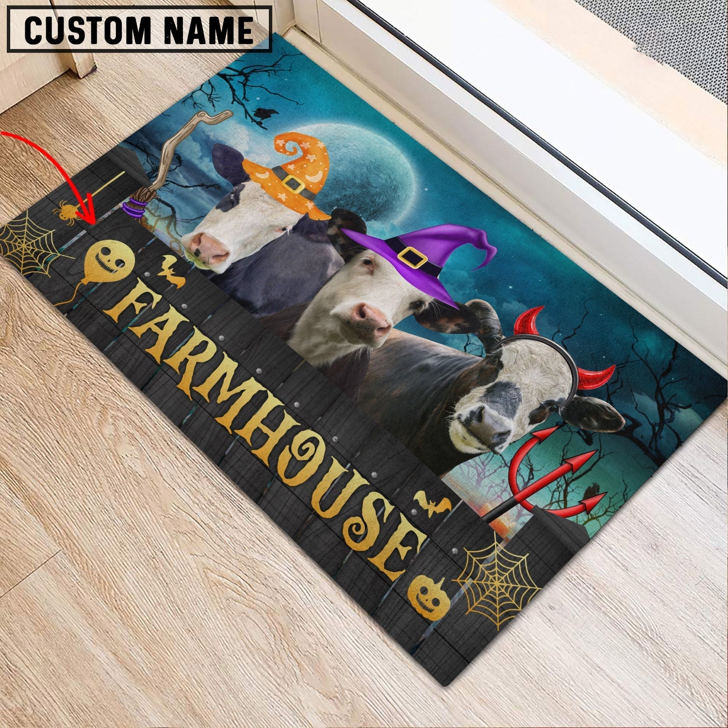 Black Baldy Farmhouse Halloween Custom Name Doormat