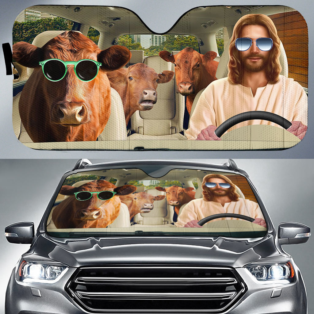 Jesus Driving Red Angus Cattle All Over Printed 3D Sun Shade