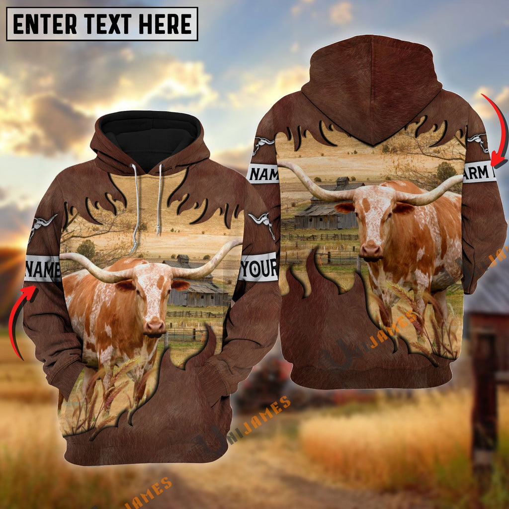 Texas Longhorn Brown Hair Pattern Personalized Name 3D Hoodie